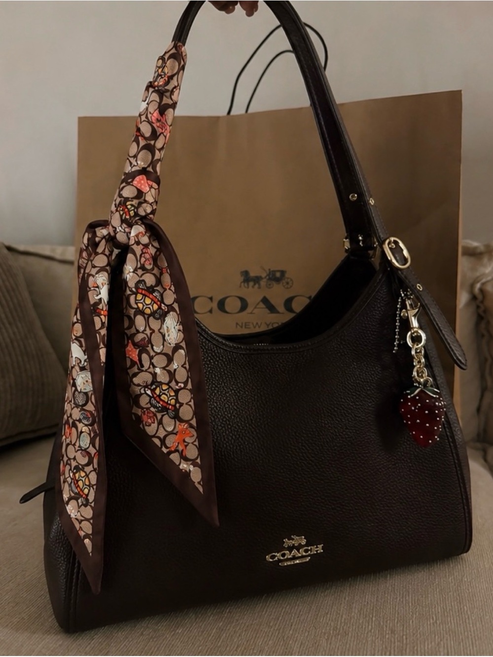 Coach Dark Brown Pebbled Leather Shoulder Bag with Patterned Scarf